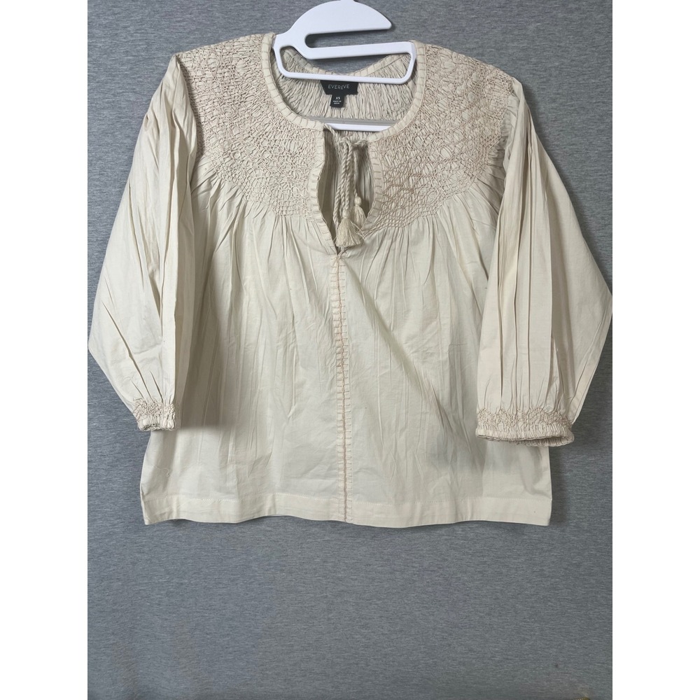 Evereve Womens XS Cream Smocked Crochet Peasant Blouse Tassel Tie 3/4 Sleeve Top
